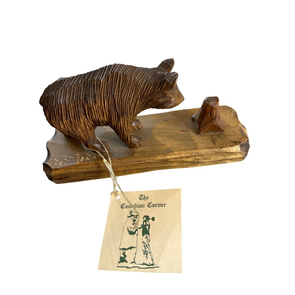 Hand-Carved Canadian Pine Bear Figurine By Bert Beauregard On Wooden Base
